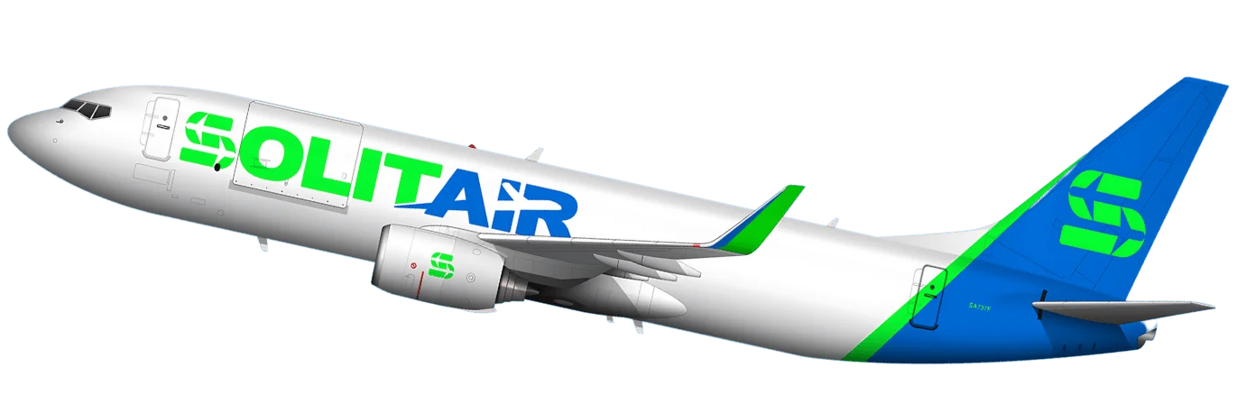 SolitAir货运航空的飞机侧面图，带有绿色和蓝色品牌标志，提供中国空运和中东空运服务。
