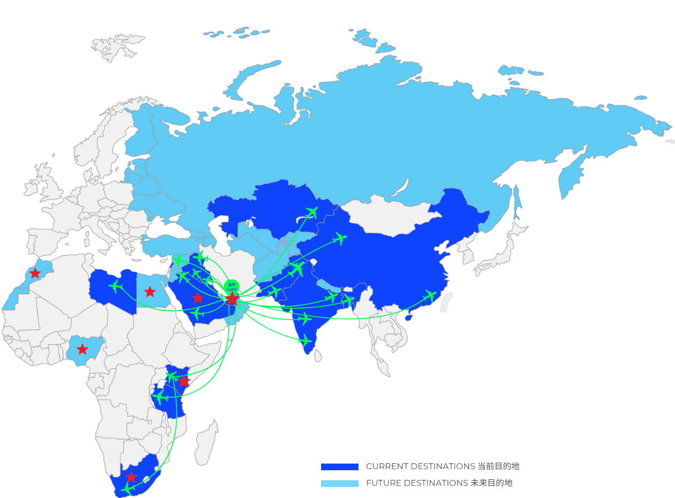 SolitAir 货运航空当前及未来阿联酋货运代理服务的仓库网络重点标注地图。