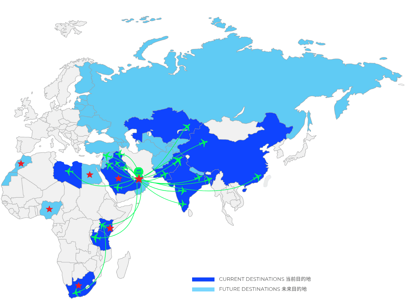 SolitAir 货运航空迪拜空运服务的仓库分布与未来航线规划地图。